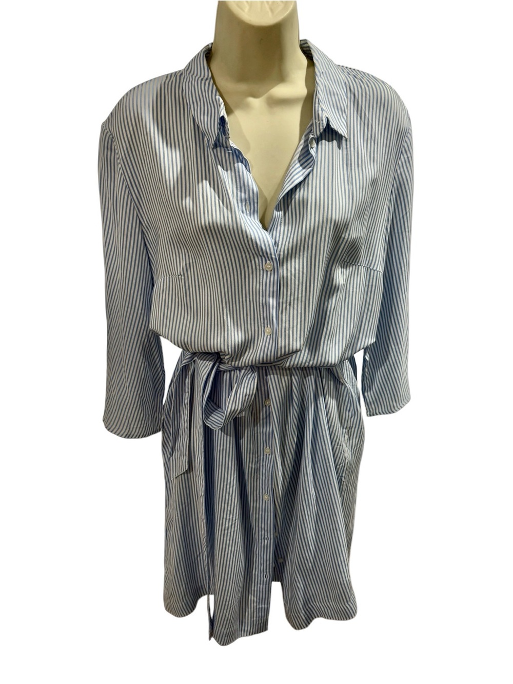 NWT H&M Shirt Dress Belted Blue White Stripe Buttoned Down Size 12